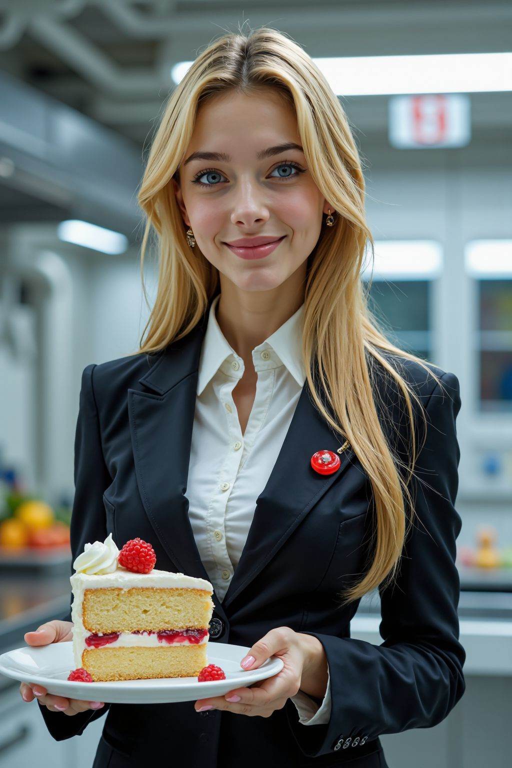photo of a beautiful 16y.o. girl, wearing a futuristic business suit, blonde long hair, blue eyes, red pin on collar, holding a cake on a plate in a futuristic space kitchen, light smirk, warm and welcoming look,