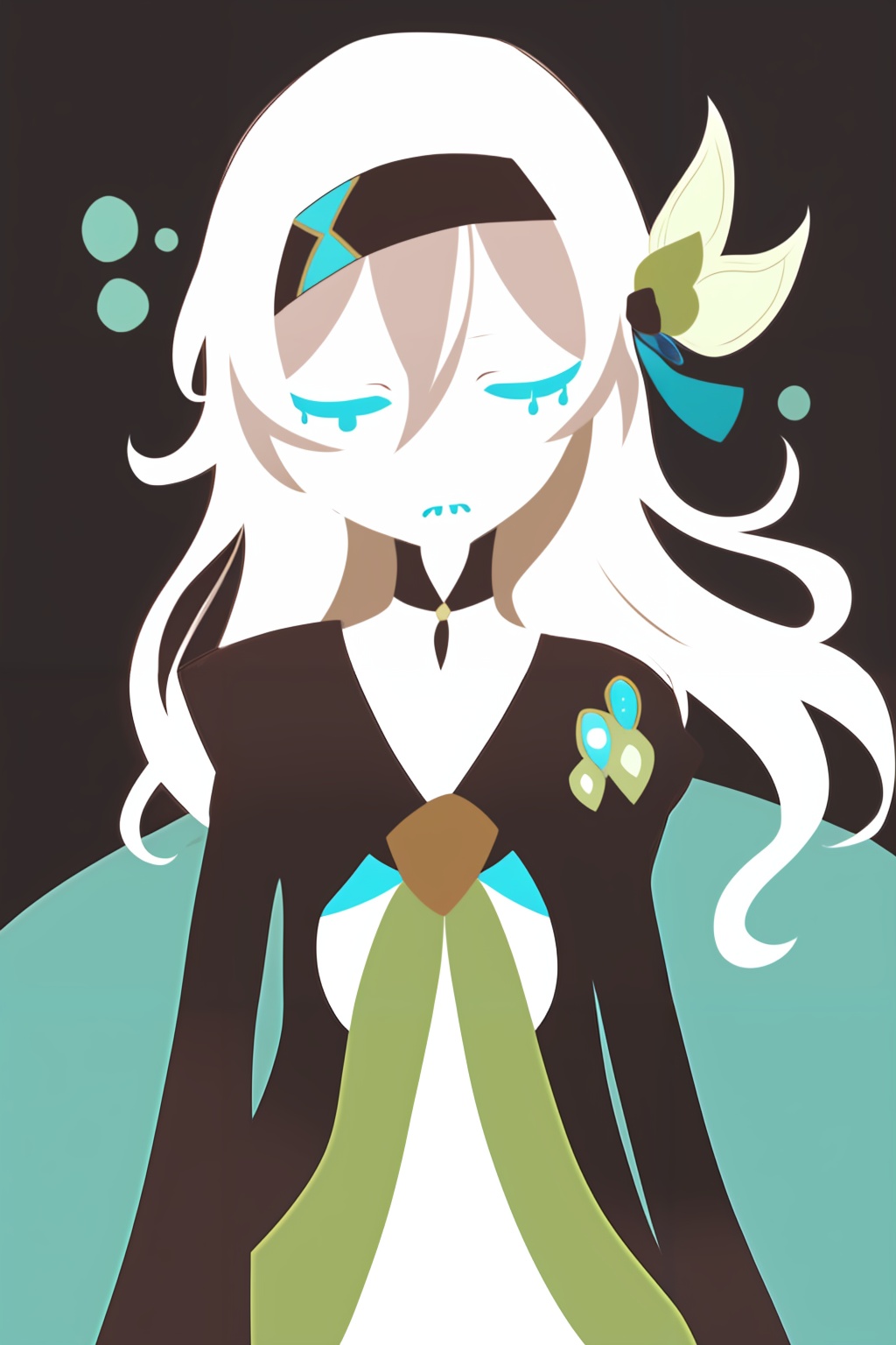 masterpiece, best quality, <lora:style23:1>,flat color, closed eyes, tears, broken heart,<lora:firefly-v2-kozue:1>,1girl, solo, long hair, looking at viewer, green skirt, bangs, long sleeves, white hair, hair ornament,close mouth, black hairband, blue eyes, hair between eyes,green thighhighs, 