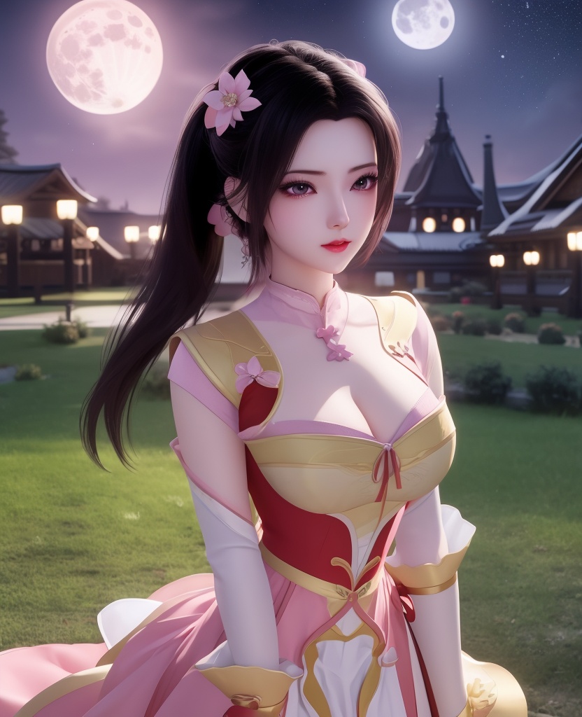 <lora:614-DA-炼气十万年-朴灵儿:0.8>(,1girl, ,best quality, ),looking at viewer,  ,ultra detailed background,ultra detailed background,ultra realistic 8k cg,, ,masterpiece, (( , )),, ,   ,   cure blossom, full moon,night,night sky,  (cleavage), (), ,,