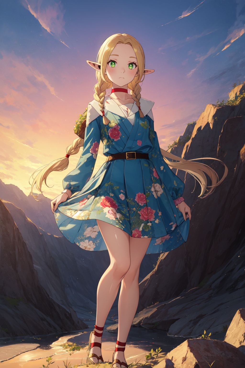 <lora:Marcille:0.7:lbw=midd>,marcille_cyql,1girl,looking at viewer,solo,elf,blonde hair,pointy ears,long hair,green eyes,braid,choker,twin braids,red choker,Floral print skater dress with cutout back,Sleepy, Drooping eyelids, half-closed eyes, and a slightly dazed expression.,panorama,beautiful face,beautiful eyes,glossy skin,shiny skin,Canyon, Rocks, Sunset, Colors, Silhouettes, Sky, Serenity, Desert,(Maple trees, Acorns, Mushrooms, Fallen leaves, Golden sunlight, Rustling breeze:0.6),beautiful detailed sky,beautiful detailed glow,posing in front of a colorful and dynamic background,masterpiece,best quality,beautiful and aesthetic,contrapposto,female focus,wallpaper,fashion,