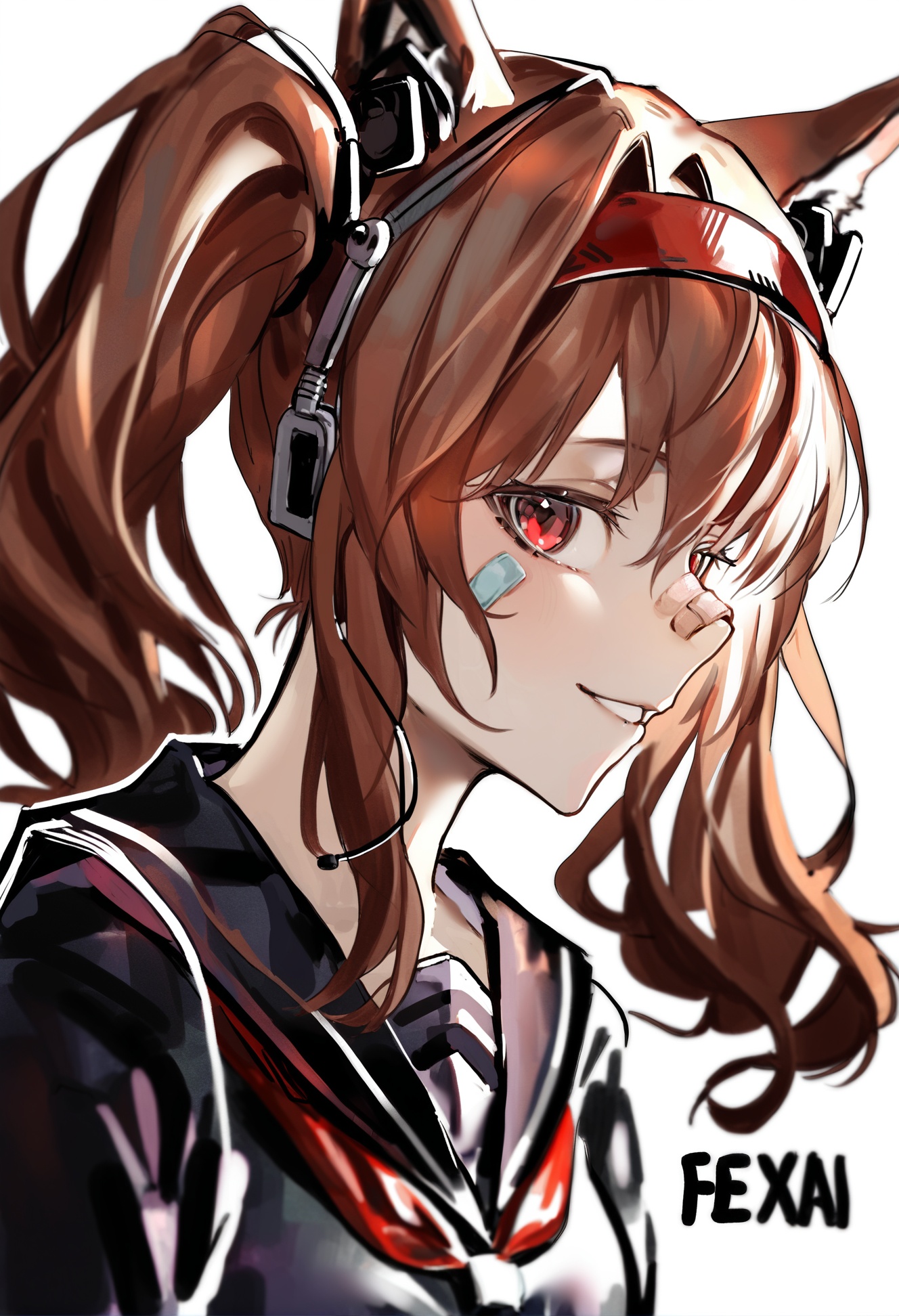 masterpiece, best quality,1girl, angelina \(arknights\),  solo, animal ears, brown hair, twintails, fox ears, bandaid, long hair, earphones, bandaid on face, neckerchief, black shirt, shirt, parted lips, upper body, serafuku, black serafuku, school uniform, bangs, bandaid on nose, extra ears, portrait, earbuds, simple background, sailor collar, looking to the side, smile, sidelocks, headband, character name, collarbone, bandaid on cheek, red eyes, red headband, profile, from side, v-neck, black sailor collar, white background, red neckerchief, looking at viewer <lora:COCOballXLlokr8f-000123:0.95>