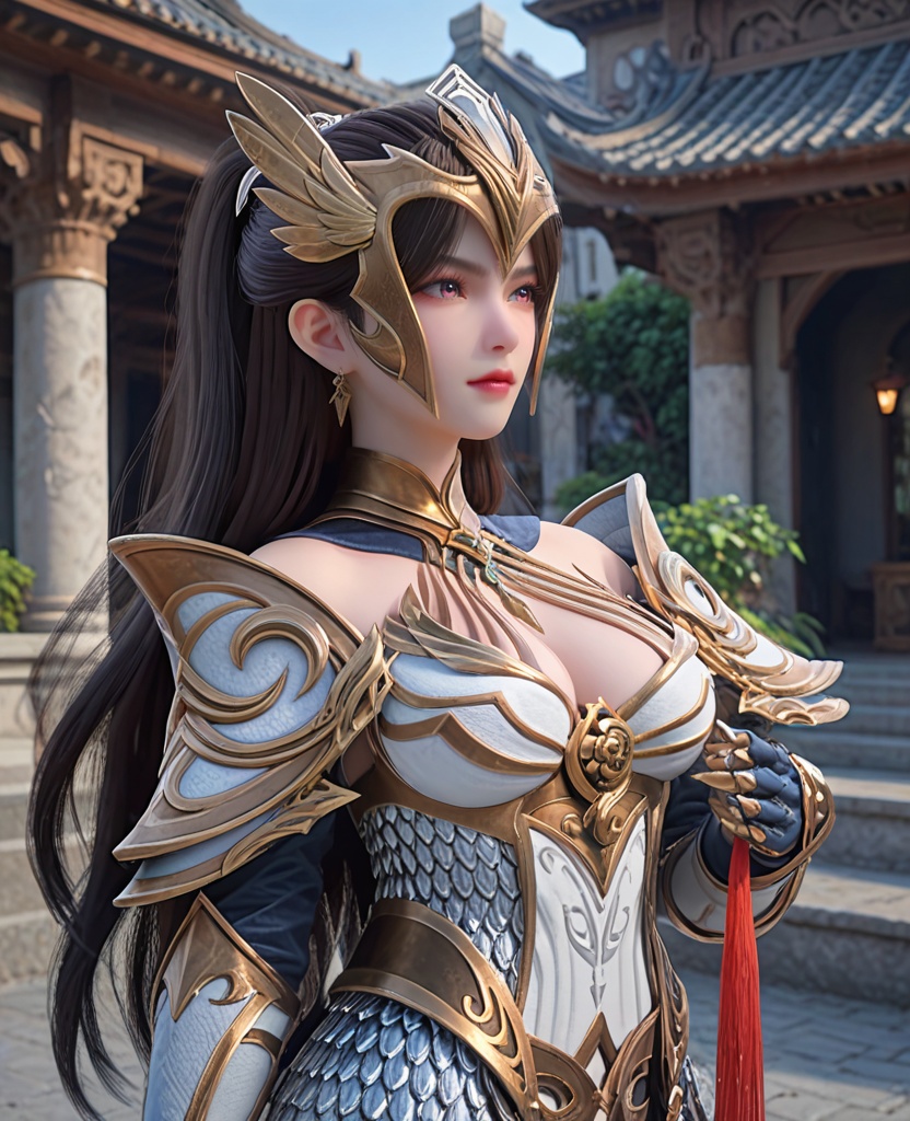 (oriental architecture, elegant decor, sophisticated style:1.1),Standing with one foot on a step, looking ahead,,(breasts:1.2),<lora:XL完美世界女武神:0.9>,female valkyrie,solo,armored dress,helmet,pink eyes,black hair,half tied ponytail,long hair,shoulder armor,faulds,armguards,large breasts,gloves,claw ring,tassels,, zPDXL2, score_9, score_8_up, score_7_up BREAK realistic, masterpiece,best quality, highly detailed,, zPDXL3, zPDXL2,zPDXL, zPDXLxxx, zPDXLrl,