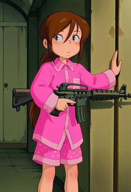 masterpiece, best quality, absurdres, anime screenshot, 1girl, solo, female focus, Carol_CTO, freckles, brown hair,  asymmetrical bangs, long bangs, bangs between eyes, sidelocks, very long hair, ponytail, low ponytail, ponytail holder, CTO_def, pajamas, pink pajamas, polkadot print, collared shirt, button-up shirt, white buttons, sleeve cuffs, pajama shorts, pink shorts, c-m16, holding m16, against wall, standing, sneaking, looking to the side, indoors, bunker interior,