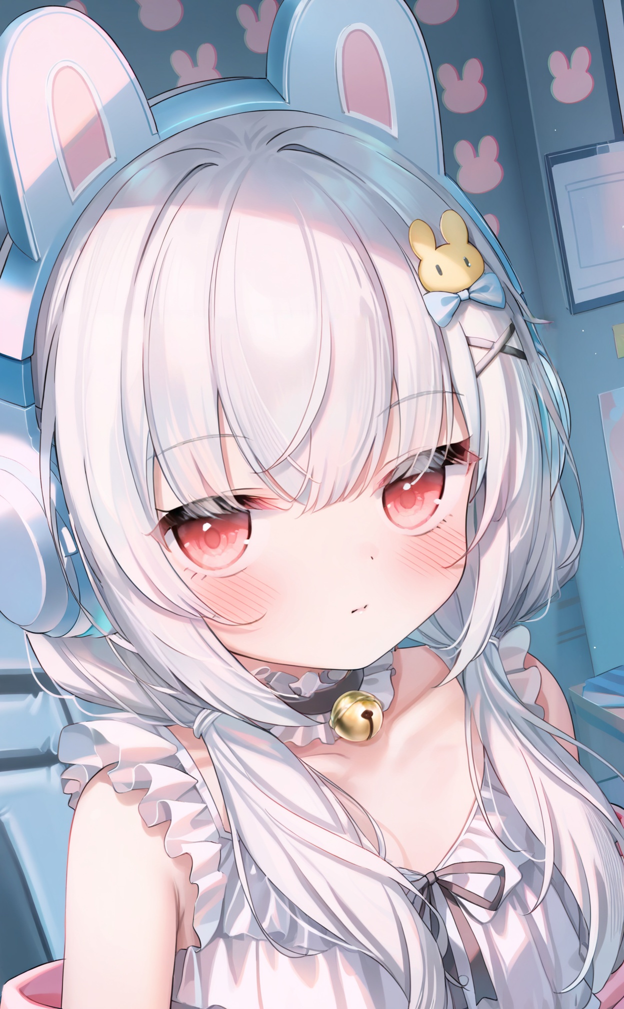 masterpiece,absurdres,best quality,loli,petite,high quality,chromatic_aberration,//,1girl,solo,fake_animal_ears,animal_ear_headphones,headphones,animal_ears,swivel_chair,red_eyes,twintails,long_hair,closed_mouth,bell,low_twintails,hair_bow,looking_at_viewer,hair_ornament,frills,office_chair,blush,white_dress,rabbit_hair_ornament,on_chair,bow,hairclip,white_hair,blue_bow,rabbit_ears,gaming_chair,jingle_bell,sleeveless,choker,chair,sitting,neck_bell,collarbone,hair_over_shoulder,x_hair_ornament,hair_between_eyes,sleeveless_dress,bare_shoulders,dress,black_choker,indoors,frilled_dress,grey_hair,upper_body,mouse_\(computer\),monitor,frilled_choker,bags_under_eyes,white_bow,hair_intakes,//,<lora:guizhencao3——【noob】hans:1>,