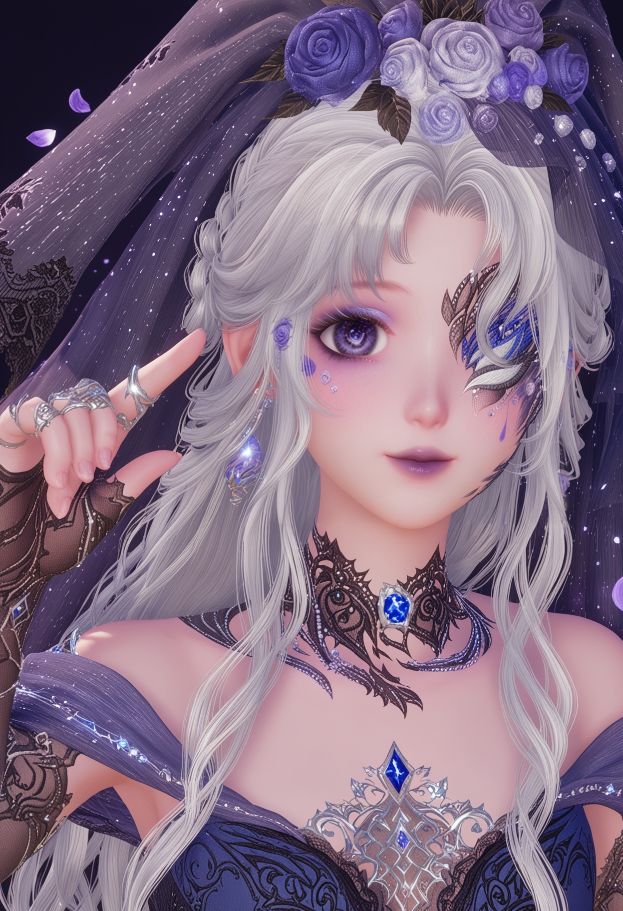 (upper_body:1.2),(looking at viewer:1.1),facing viewer,direct gaze,<lora:YQ_pony_nuannuan36_V4:0.8>,q1528437228,1girl,solo,jewelry,long hair,white hair,purple eyes,dress,hair flower,hair ornament,makeup,earrings,gloves,ring,eyepatch,petals,purple lips,bridal gauntlets,pointy ears,blue eyes,grey hair,high heels,one eye covered,choker,pantyhose,long dress,bridal veil,fingerless gloves,necklace,fine fabric emphasis,bow,braid,eyeshadow,BREAK simple background,pure black background,black background,perfect anatomy,