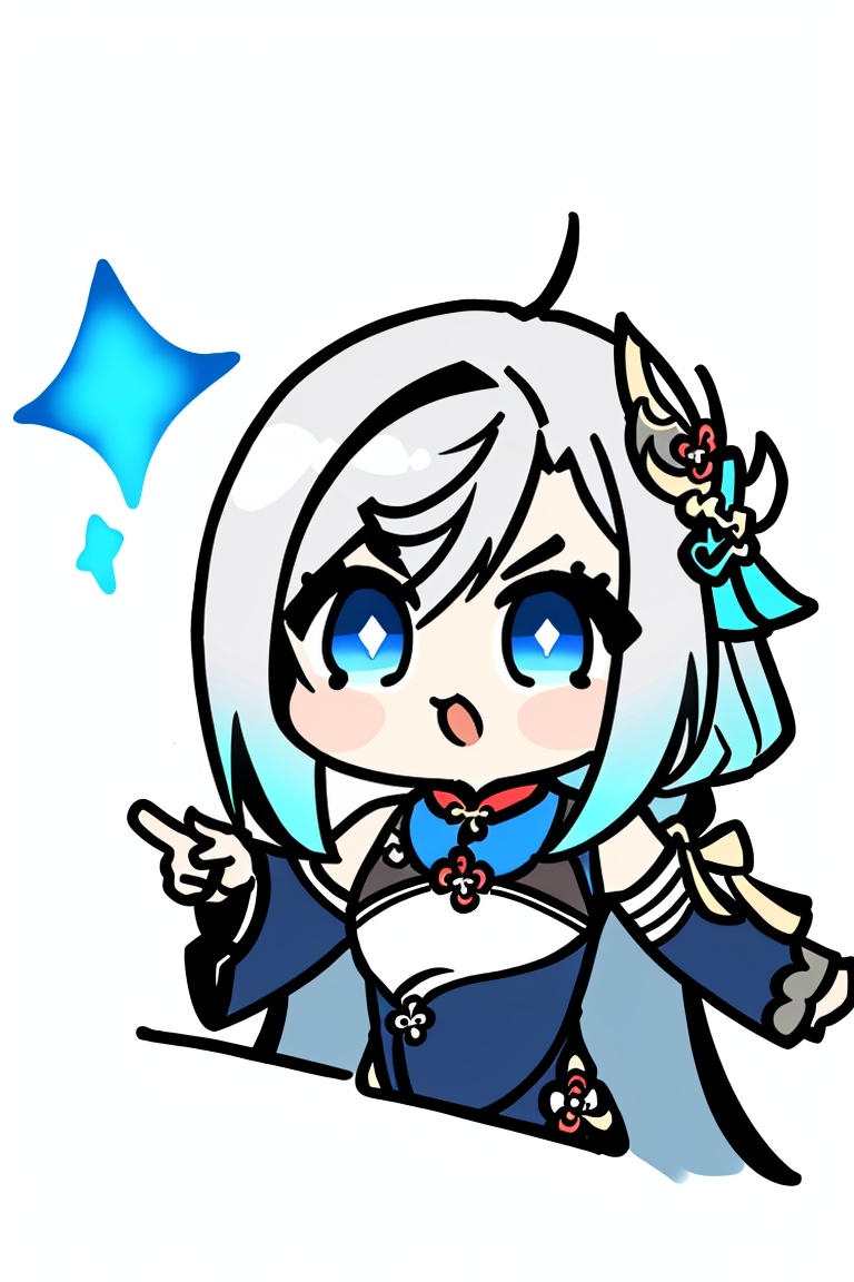 ((HRD, HUD, 8K)),((masterpiece, best quality)), highly detailed, soft light,EmojiPack, 1girl, shenhe (genshin impact), solo, long hair, blue eyes, bangs, chibi, hair ornament, braid, grey hair, sidelocks, chinese clothes, white background, pointing up, gradient, v-shaped eyebrows, detached sleeves, <lora:20240527-1716802627504:0.8>