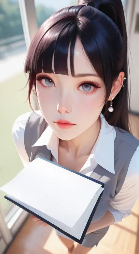 masterpiece,ultra-HD,cinematic lighting,photorealistic,impressionism (1.5),high detail,depth of field,(blurred background),(dramatic lighting),best quality,very aesthetic,realistic,best quality,8k,masterwork,(lineless:1.2),detailed,depth of field,dynamic lighting,(realistic:1.2),detailed background,cool colors,(photorealistic),detailed beautiful eyes,detailed pretty face,realistic face,{{beautifully detailed pupils:1.19}},(lustrous skin),side lighting,((semi realistic)),{{{oil painting}}},blurry background,blurry foreground,1girl,((solo)),{perfect anatomy},(clear line),*****,photorealistic,(impressionism:1.5),asian girl,pretty girl,korean girl,((slim body)),massive breasts,((Black fringe bangs with a high ponytail)). Black hair. Clean forehead,very long eyelashes,gray eyes,(((skinny))),(cheekbones:0.85),wide hips. ear piercings.,(teacher outfit:1.4),Tight white shirt and a grey vest. Matching grey gencil mini-skirt. Thin shiny grey stiletto heels.,At shcool.,Girl enters the class. Opening a sliding door. Ashamed. Blushed. Holding a thick black folder with lots of papers. Movement lines.,Face focus. Head to bust crop. From above. Close-up shot. Looking at viewer.,, beautiful detailed eyes,highly detailed skin,extremely delicate and beautiful girls, best quality , masterpiece, illustration, an extremely delicate and beautiful, extremely detailed ,CG,unity,8k wallpaper, Amazing, finely detail, masterpiece, best quality,official art,extremely detailed CG unity 8k wallpaper,absurdres, incredibly absurdres, huge filesize , ultra-detailed, highres, extremely detailed,beautiful detailed girl, extremely detailed eyes and face, beautiful detailed eyes,, beautiful detailed eyes,highly detailed skin,extremely delicate and beautiful girls, (8k, best quality, masterpiece:1.2),(best quality:1.0), (ultra highres:1.0) ,absurdres,incredibly absurdres,huge filesize,ultra-detailed,highres,masterpiece,, best quality , masterpiece, illustration, an extremely delicate and beautiful, extremely detailed ,CG,unity,8k wallpaper, Amazing, finely detail, masterpiece, best quality,official art,extremely detailed CG unity 8k wallpaper,absurdres, incredibly absurdres, huge filesize , ultra-detailed, highres, extremely detailed,beautiful detailed girl, extremely detailed eyes and face, beautiful detailed eyes,
