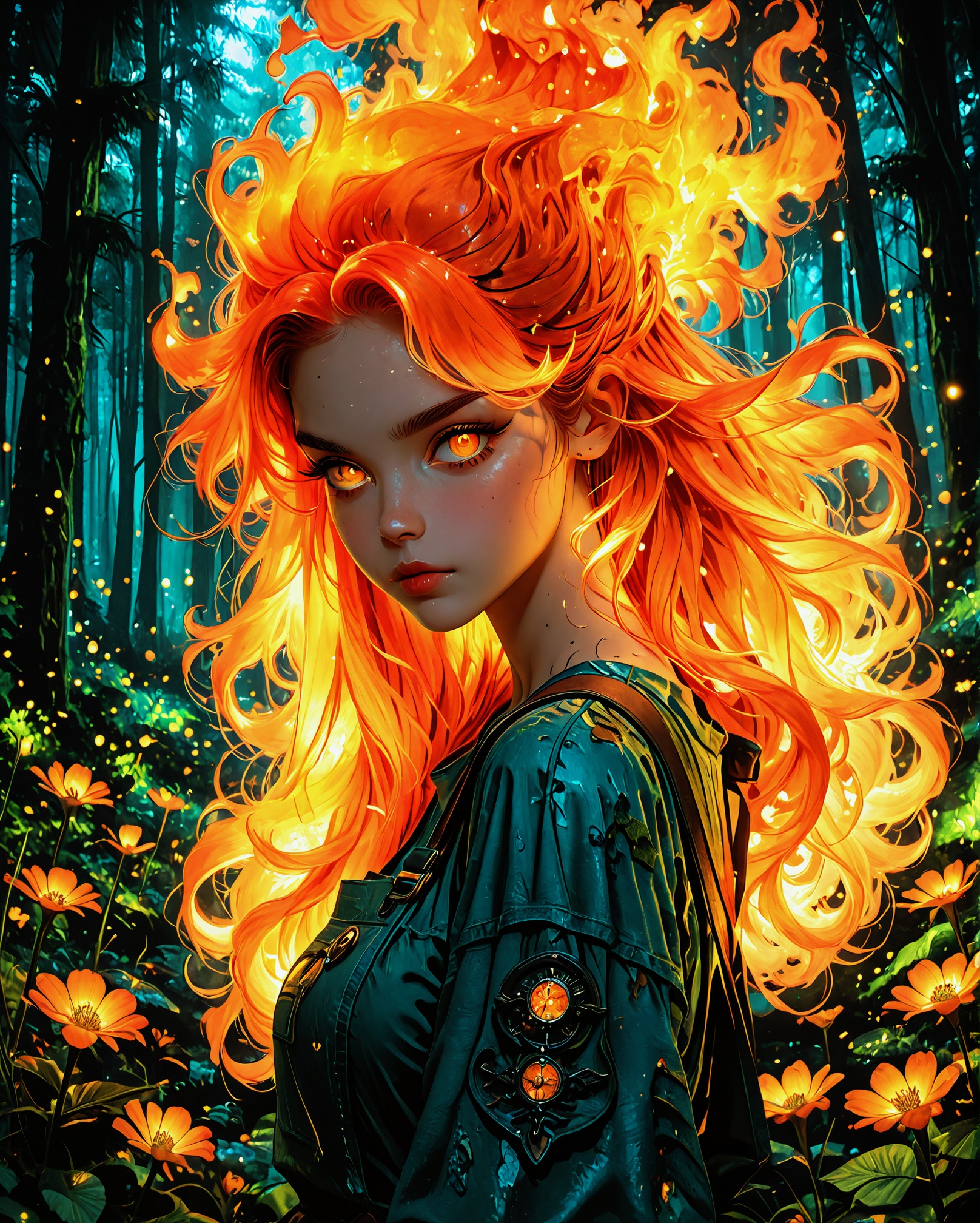 A digitally edited portrait of a woman with glowing orange eyes,  surrounded by vibrant,  glowing flames and green moss an...