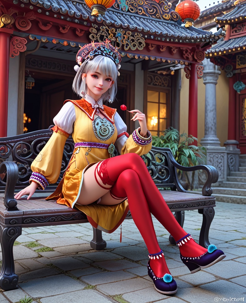 (oriental architecture, elegant decor, sophisticated style:1.1),(Sitting on a bench with legs crossed, smiling at the camera,:1.1),(breasts:1.2),<lora:XL少年白马小白:0.95>,miss xiaobai,yellow short dress,brown detachable collar,puffy long sleeves,brown miniskirt,belt,brown eyes,mole under eye,silver hair,bangs,hat,jewelry,red thighhighs,black shoes,anklet,pom pom \(ornament\),, score_9,score_8_up,score_7_up,score_6_up,score_5_up,score_4_up,3d rendering,tag1,tag2, Cinematic Lighting,backlighting,