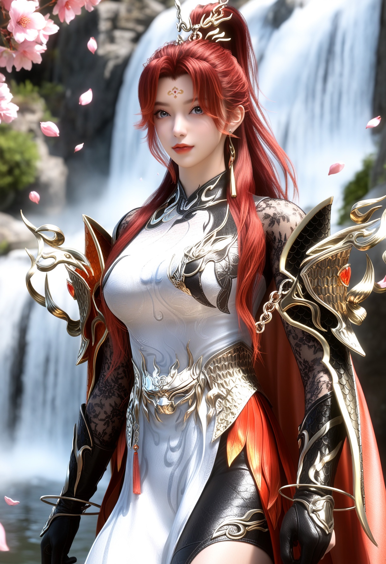 masterpiece,best quality,amazing quality,high resolution,ultra-detailed,absurdres,(looking at viewer:1.1),upper body,moody lighting,waterfall,peach blossom,falling petals BREAK large breasts,1girl,solo,long hair,red hair,jewelry,earrings,forehead mark,red lips,hair ornament,ponytail,armor,dress,chinese clothes,makeup,thighhighs,gloves,cape,blue eyes,shoulder armor,high ponytail,grey eyes,red cape,black thighhighs,thigh boots,boots BREAK photorealistic details,<lora:QQSillchiyanghuamingV1:0.8>,