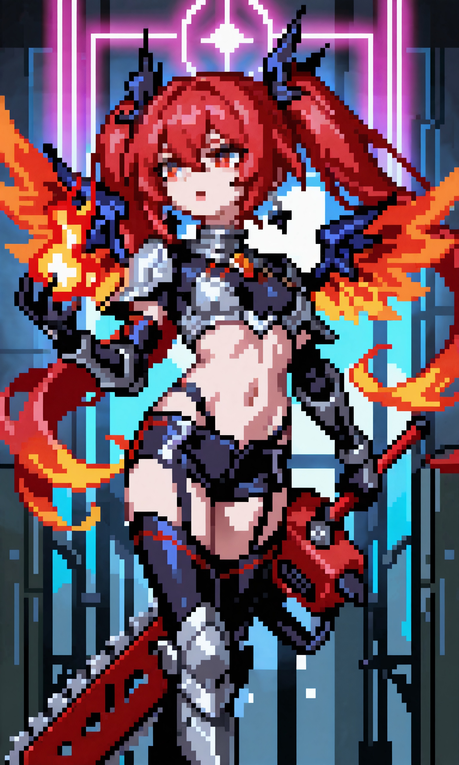 genshin impact,1girl,miku,tongue,twintails,alternate design,armored boots,black gloves,boots,breasts,earrings,feet out of frame,flaming hand,floating hair,gloves,greatsword,holding,holding sword,holding chainsaw,weapon,jewelry,long hair,shirt,parted lips,red eyes,(red hair),solo,stomach,chainsaw,very long hair,fire,fire wings, glowing,neon lights,multicolored hair,holographic colors,(yoneyama mai:1.3),scenery,(konya karasue1.23),,, ,masterpiece, best quality,  absurdres, newest,  very aesthetic, amazing quality,highres,sensitive,  highres, ultra detailed, best anatomy, HDR, 8K, high detail RAW color art, high contrast, large pupil,