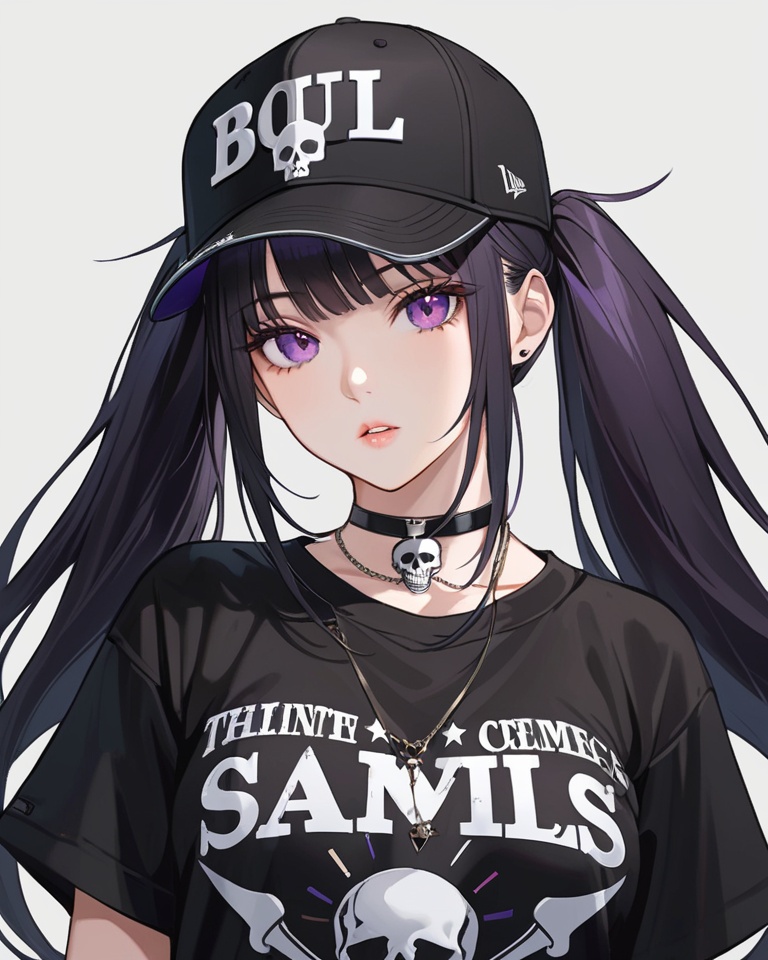 (best quality), ((masterpiece)), (highres), illustration, original, extremely detailed,<lora:SNGame Character XL:0.7> 1girl, solo, choker, hat, black hair, shirt, long hair, black choker, grey background, purple eyes, looking at viewer, black shirt, parted lips, twintails, black headwear, artist name, upper body, baseball cap, clothes writing, simple background, skull print, bangs, black theme, english text, skull