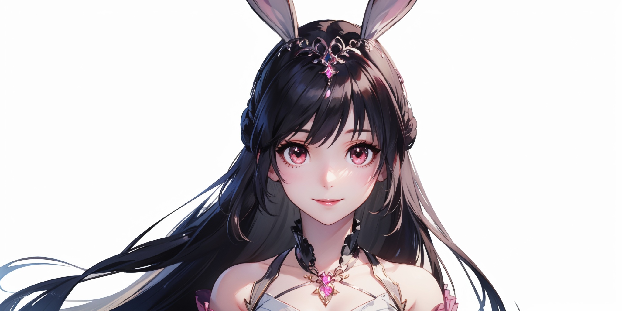 masterpiece,best quality,illustration,anime,(solo:1.1),simple gray background,looking_at_viewer,upper_body,portrait,1girl,(mature_female:1.2),rabbit ears,dress,pink dress,hair ornament,collar,silver wire edging,black hair,very long hair,smile,<lora:成年小舞1.31:0.7>,