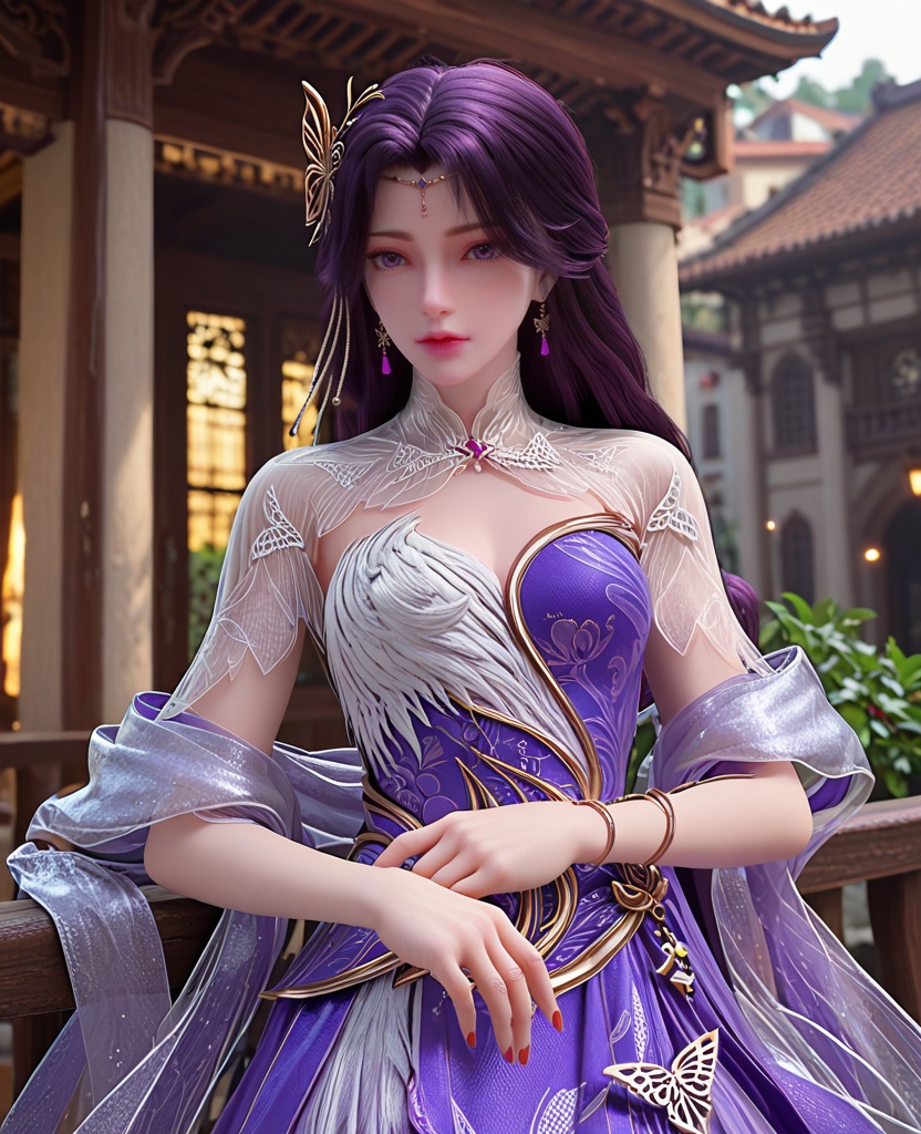 (oriental architecture, elegant decor, sophisticated style:1.1),Resting on a bench in a busy city, looking tired but content after a long day of exploring,,(breasts:1.2),<lora:XL完美世界云曦成女>,miss yunxi,solo,purple dress of side slit,see-through bolero,white feather trim,hagoromo,see-through petticoat,purple eyes,purple hair,long hair,braided ponytail,hair ornament,bracelet,earrings,jewelry,, zPDXL2, score_9, score_8_up, score_7_up BREAK realistic, masterpiece,best quality, highly detailed,, zPDXL3, zPDXL2,zPDXL, zPDXLxxx, zPDXLrl,