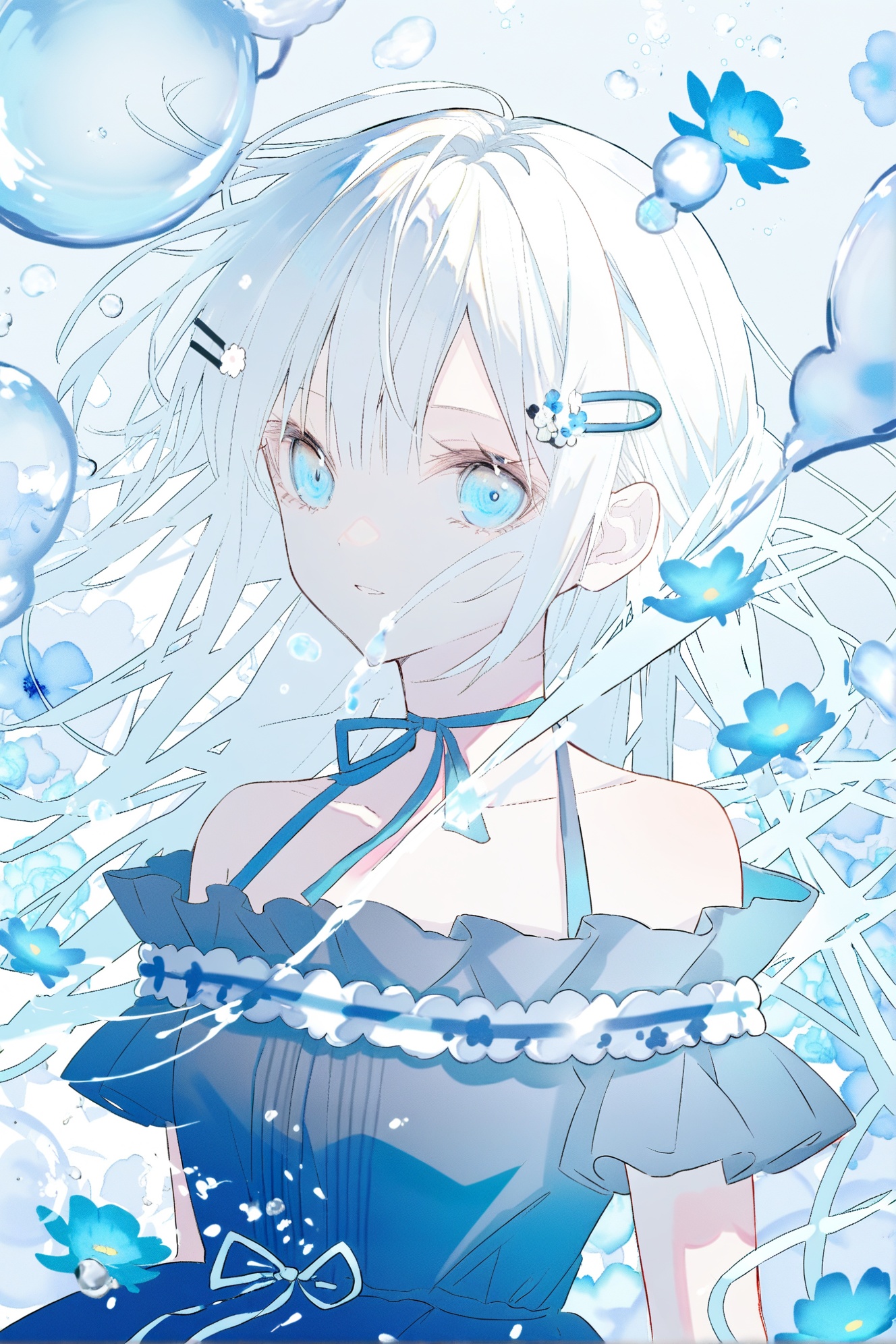 1girl, flower, solo, blue eyes, hair ornament, looking at viewer, white hair, long hair, blue flower, upper body, bare shoulders, off shoulder, bubble, dress, off-shoulder dress, ribbon, hairclip