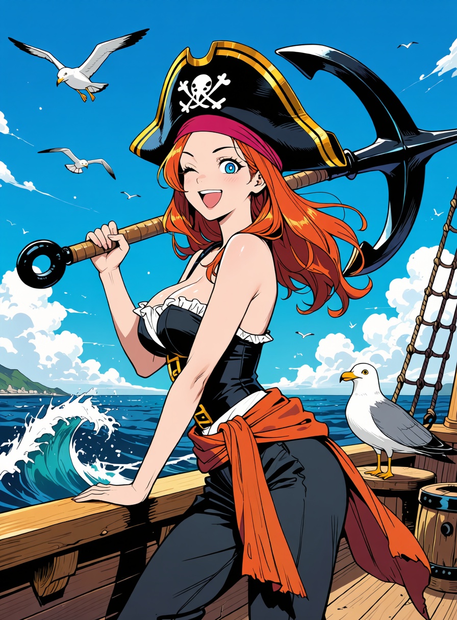 a playful anime pirate girl with a large black anchor on her shoulder,  standing on the deck of a ship with seagulls and w...