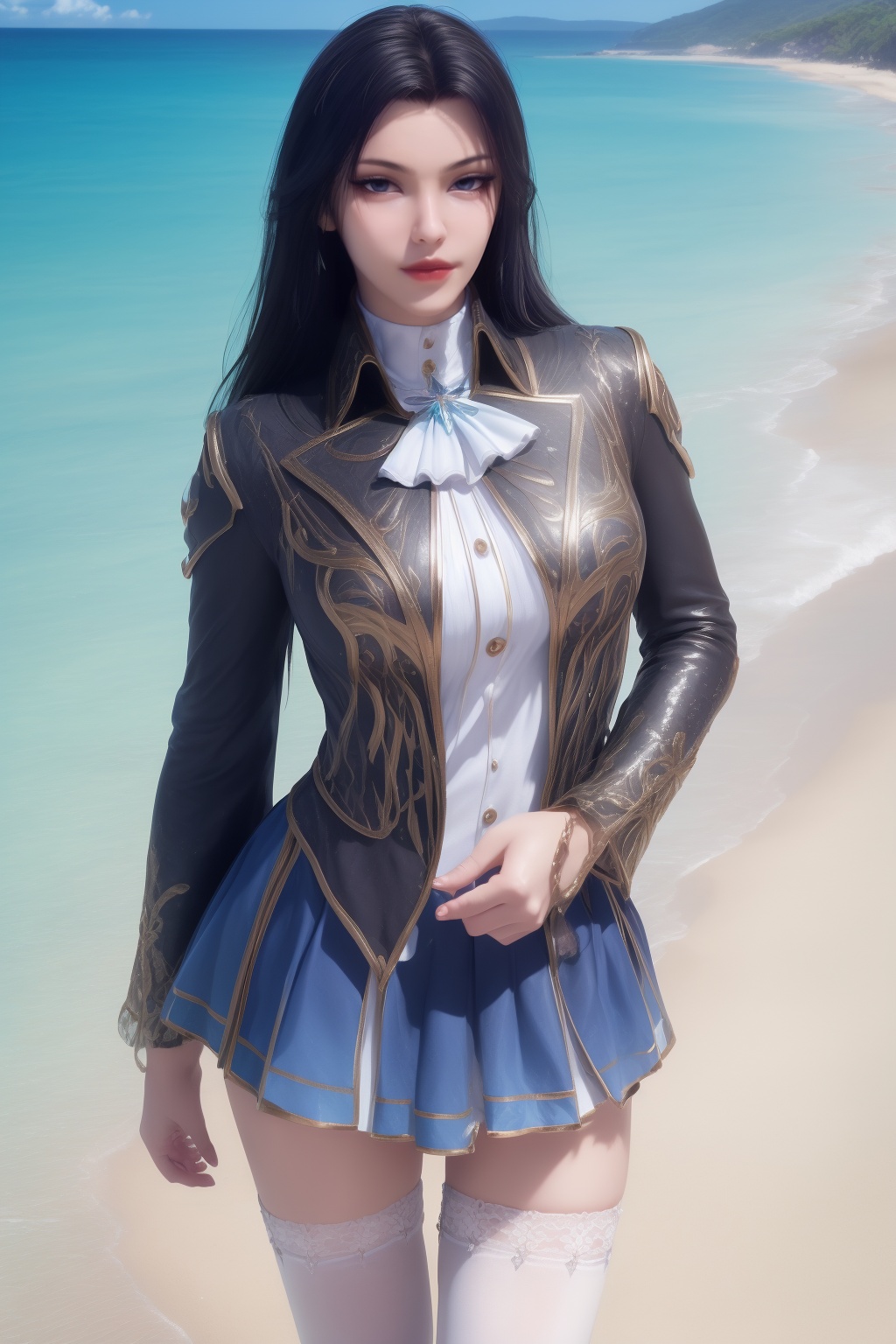 photo_\(medium\),(8k, RAW photo, best_quality),(masterpiece:1.2),(realistic:1.2),(photorealistic:1.3),(ultra-detailed),(extremely_detailed_cg_8k_wallpaper),(crystal_texture_skin:1.3),(shiny:1.2),(shiny_skin:1.4),(extremely_delicate_and_beautiful),shenfengLingLuoChen,1girl,solo,dress,ascot,skirt,torogao,white thighhighs,long sleeves,uniform,zettai ryouiki,standing,jewelry,hair ornament,lips,realistic,looking at viewer,Summer,Beach,Sea,sunshine,<lora:shenfengLingLuoChen_20240512215006-000004:0.7>,