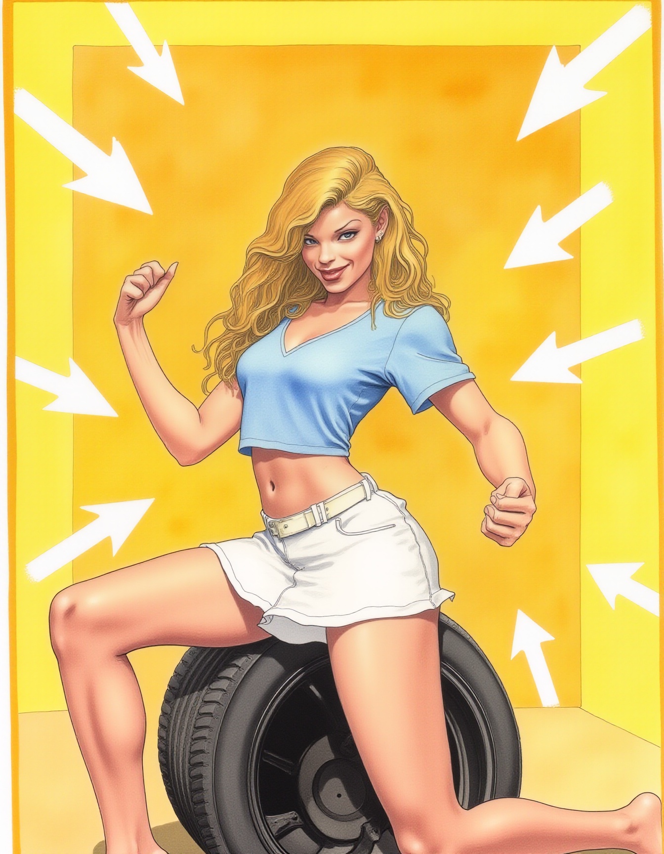 young woman with long,  wavy blonde hair in a light blue crop top and white mini skirt,  confidently seated on a tire. A c...