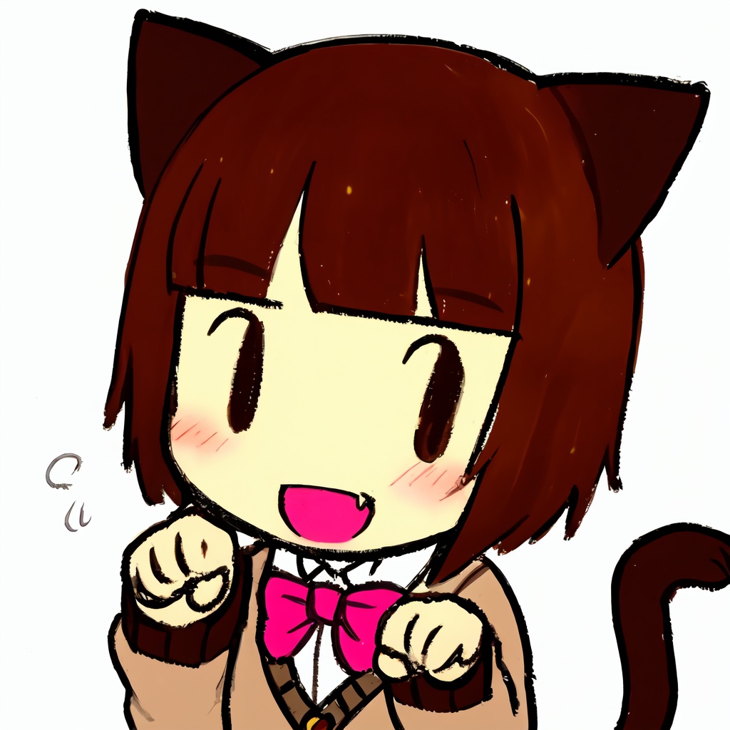 1girl,    solo, upper body, smile, brown eyes, cat girl, chocolate bar, open mouth, white background, sleeves past fingers, sweater, sleeves past wrists, bowtie, cat ears, food, blush, chocolate, fang, cat tail, animal ears, simple background, long sleeves, pink cardigan, paw pose, cardigan, candy, brown hair, looking at viewer, short hair, bow, tail, :d, masterpiece, best quality,  safe