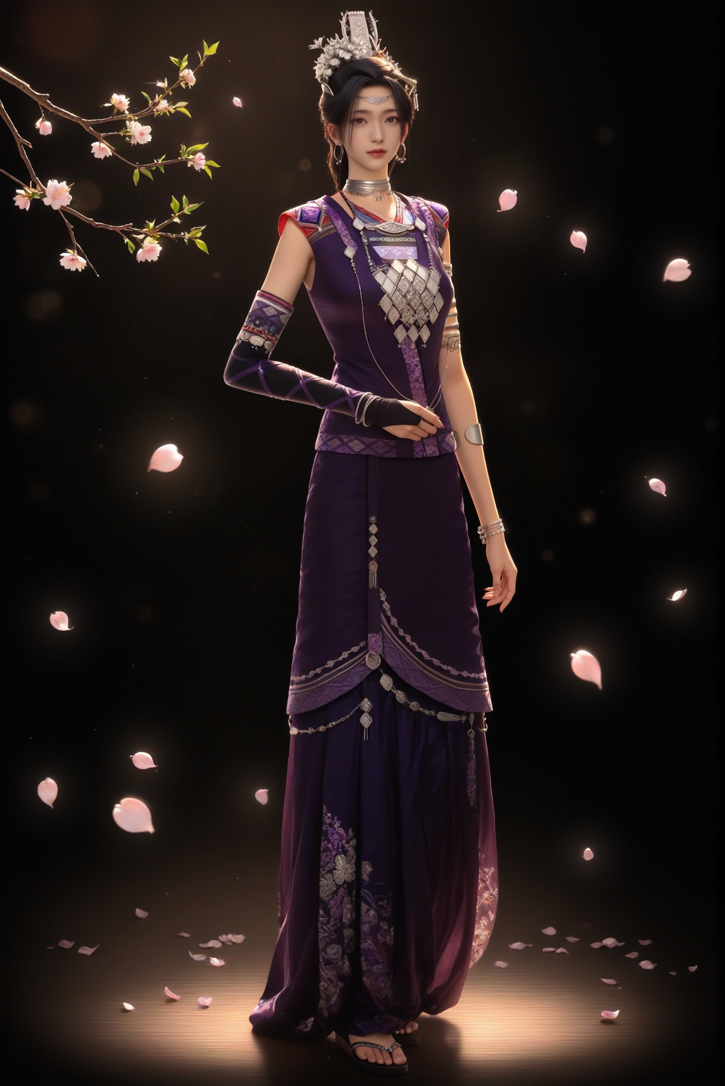<lora:紫萱-ill-000008:0.85>,1girl,solo,long hair,black hair,hair ornament,jewelry,hoop earrings,circle,hair flower,tiara,zixuan,choker,silver choker,necklace,purple dress,elbow gloves,armlet,bracelet,single elbow gloves,collarbone,looking at viewer,(front view),full body,standing,twig,branch,falling petals,simple background,black background,rim light,Volumetric Lighting,lens flare,Tyndall effect,depth of field,bokeh,sparkle,masterpiece,best quality,absurdres,highres,realistic,