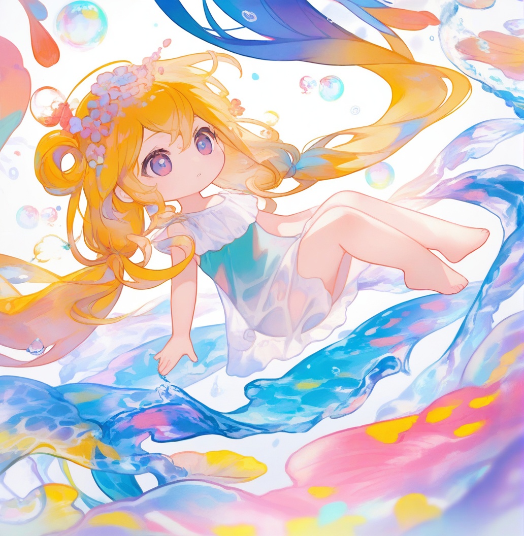 chibi,1girl,beautiful,white background,water drops,wet clothes,beautiful detailed water,floating,((colorful bubble)),(floating),detailed light,