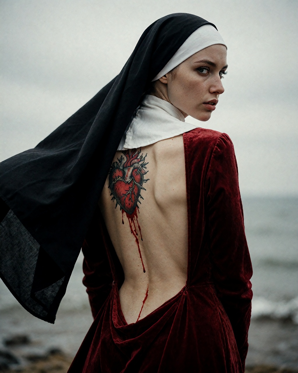Back view,  close-up. A tall,  slender nun looking over her shoulder at the viewer. Her habit has a dramatic open back on...