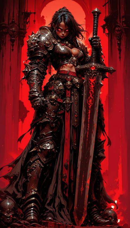 hkstyle,,    holding weapon, fighting stance, holding  buster sword,huge weapon,,  fantasy anime style, anime artwork, official art, highly detailed, vibrant colors, magical atmosphere, digital painting, ethereal glow, soft shadows, cinematic lighting masterpiece, best quality, high quality, ultra-detailed, realistic,  traditional media, western comics \(style\) ,limited palette, partially colored, vivid_color, high contrast, speed lines, sound effects, move_effects, action Create a dark, gothic-style artwork featuring a heavily armored figure. The figure stands prominently in the center, holding a large, ornate sword with red glowing eyes. The armor is dark, with intricate designs and textures, and the figure's skin appears to be a pale, almost ghostly color. The background is a deep, smoky red, which contrasts with the dark tones of the armor and sword. The overall mood of the image is intense and foreboding, with a sense of danger and power. The scene is captured from a frontview angle, focusing on the full body of the figure. 1girl, solo, breasts, red_eyes, holding, cleavage, standing, weapon, sword, holding_weapon, armor, blood, holding_sword, helmet, shoulder_armor, gauntlets, red_background, pauldrons, full_armor, greatsword, hkstyle,,    holding weapon, fighting stance, holding  buster sword,huge weapon,,  fantasy anime style, anime artwork, official art, highly detailed, vibrant colors, magical atmosphere, digital painting, ethereal glow, soft shadows, cinematic lighting