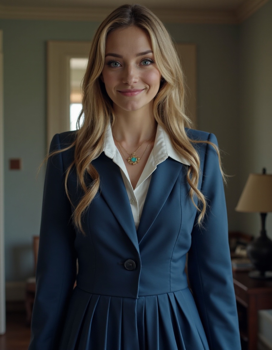 HDR photo of cinematic film still, 1girl, small mouth, smirk, solo, blonde long hair, jewelry, necklace, long sleeve dress, blue suit, white collared shirt, pleated dress, short skirt, looking at viewer, dress, pale skin, full body,