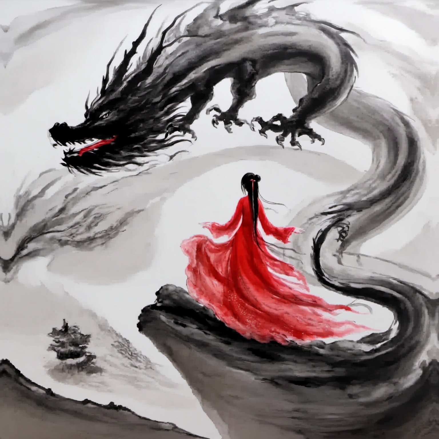 <lora:ink_xiakexing_xl:0.8>,1girl,red dress,dragon,ink painting,