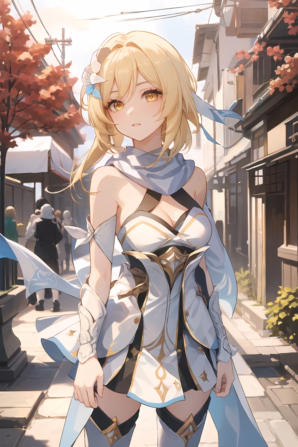 insanely detailed,absurdres,ultra-highres,ultra-detailed,best quality,slender,kawaii,perfect symmetrical face,ultra cute girl,ultra cute face,ultra detailed eyes,ultra detailed hair,ultra cute,ultra beautifu,1girl,lumine \(genshin impact\),solo,dress,detached sleeves,thigh boots,partially fingerless gloves,breasts,bare shoulders,white footwear,scarf,outdoors,yellow eyes,<lora:lumine-000008:0.9>,