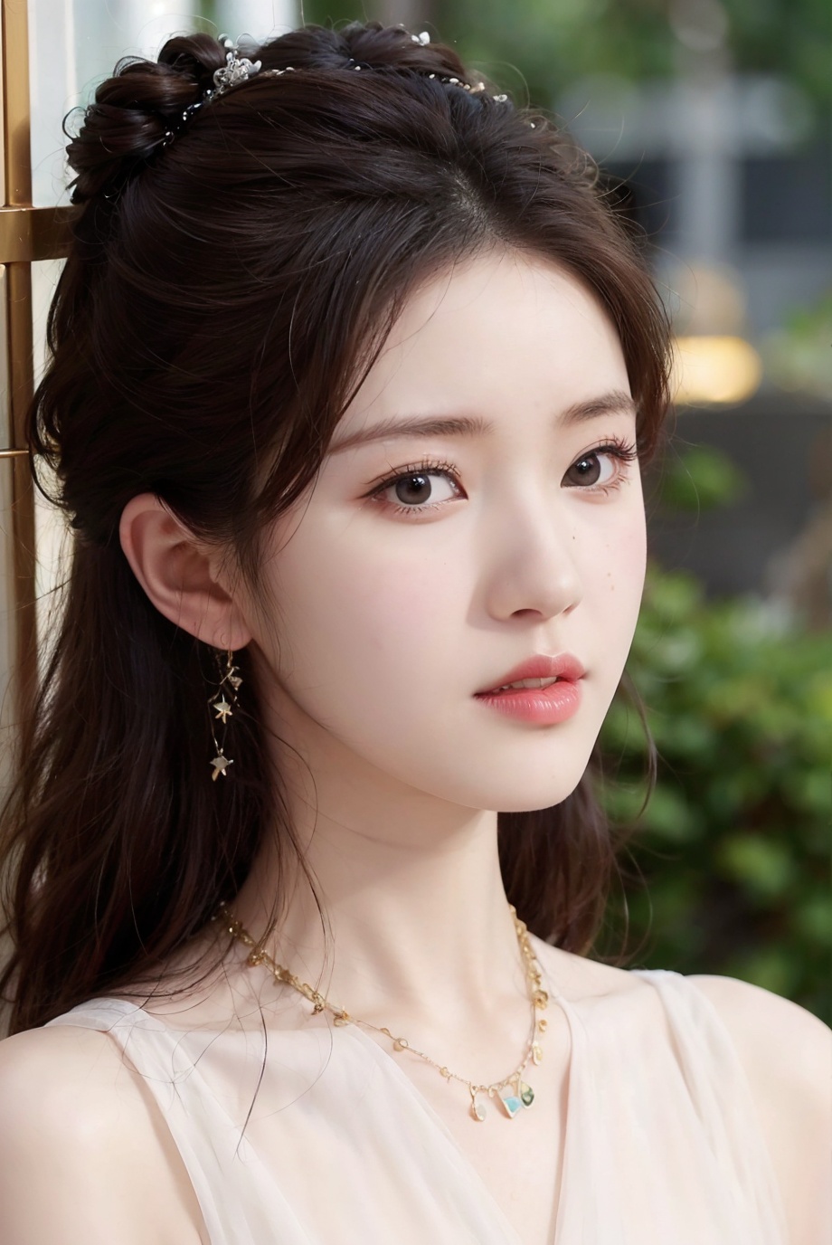 nude,masterpiece,realistic,HDR,UHD,8K,best quality,looking at viewer,masterpiece,Highly detailed,asian appearance,1girl,(round face:1.4),1girl,realistic,solo,jewelry,hair ornament,earrings,necklace,long hair,chinese clothes,black hair,teeth,hair bun,brown eyes,upper body,dress,brown hair,parted lips,extremely rich skin details,Fair skin(Fair, smooth, with visible veins on the skin),delicate face,double eyelid,loveliness,snake_pupils,bright_pupils,detailed pale skin,Extremely clear skin texture,professional photography,top photography,fair_skin,Exquisite visuals,(supermodel:1.4),<lora:zhaolusi:0.7>,