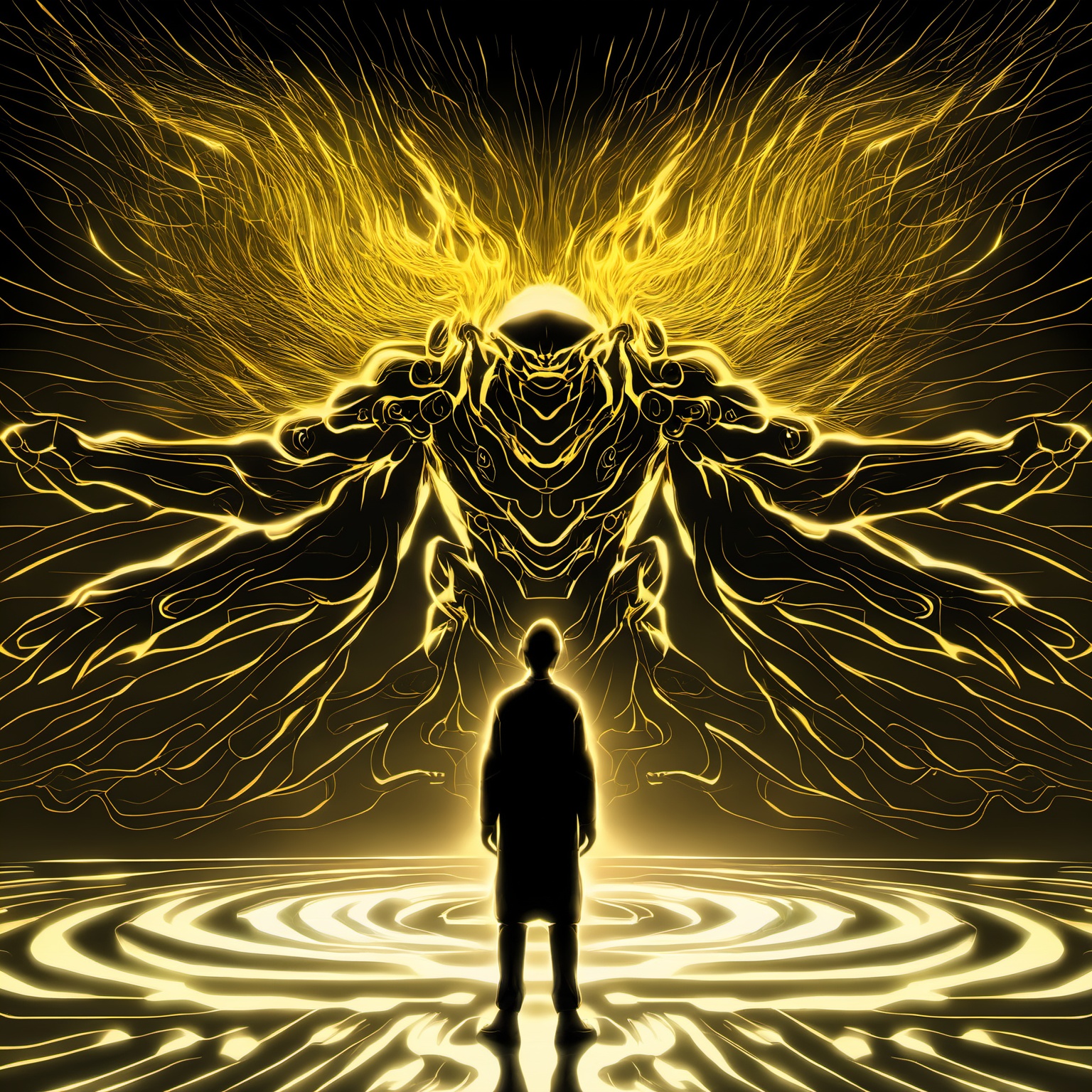 a man standing in front of a projection of immortal,halo,<lora:eastern_mythology_xl:0.7>,golden line,