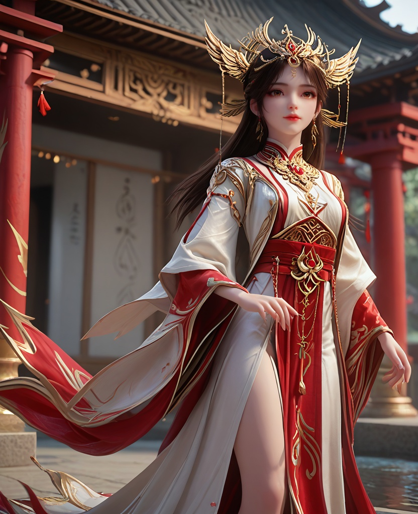 (oriental architecture, elegant decor, sophisticated style:1.1),dancing,spins,(breasts:1.2),<lora:XL16完美世界火灵儿祈福装:0.85>,miss huolinger,solo,white robe with red chiffon dress underneath,sash,black hair,hair ornament,long hair,brown eyes,red lips,white topwear,pelvic curtain,wide sleeves of red chiffon,jewelry,earrings,, zPDXL2, score_9, score_8_up, score_7_up BREAK realistic, masterpiece,best quality, highly detailed,, zPDXL3, zPDXL2,zPDXL, zPDXLxxx, zPDXLrl,