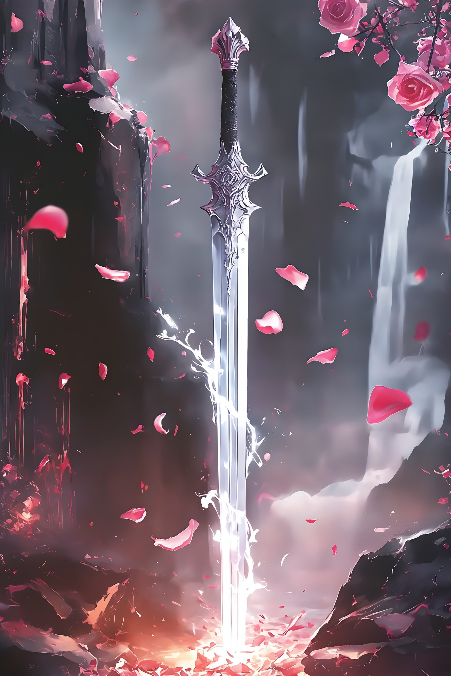 shenqi,The image depicts a fantasy scene featuring a glowing,ornate sword standing upright in a mystical environment. The sword emits a bright,ethereal light,with intricate designs on its hilt. Surrounding the sword are floating pink petals and a few blooming roses,adding a touch of elegance and beauty to the scene. The background consists of dark,rocky formations,with a soft,glowing light illuminating the area,creating a magical and enchanting atmosphere.,
