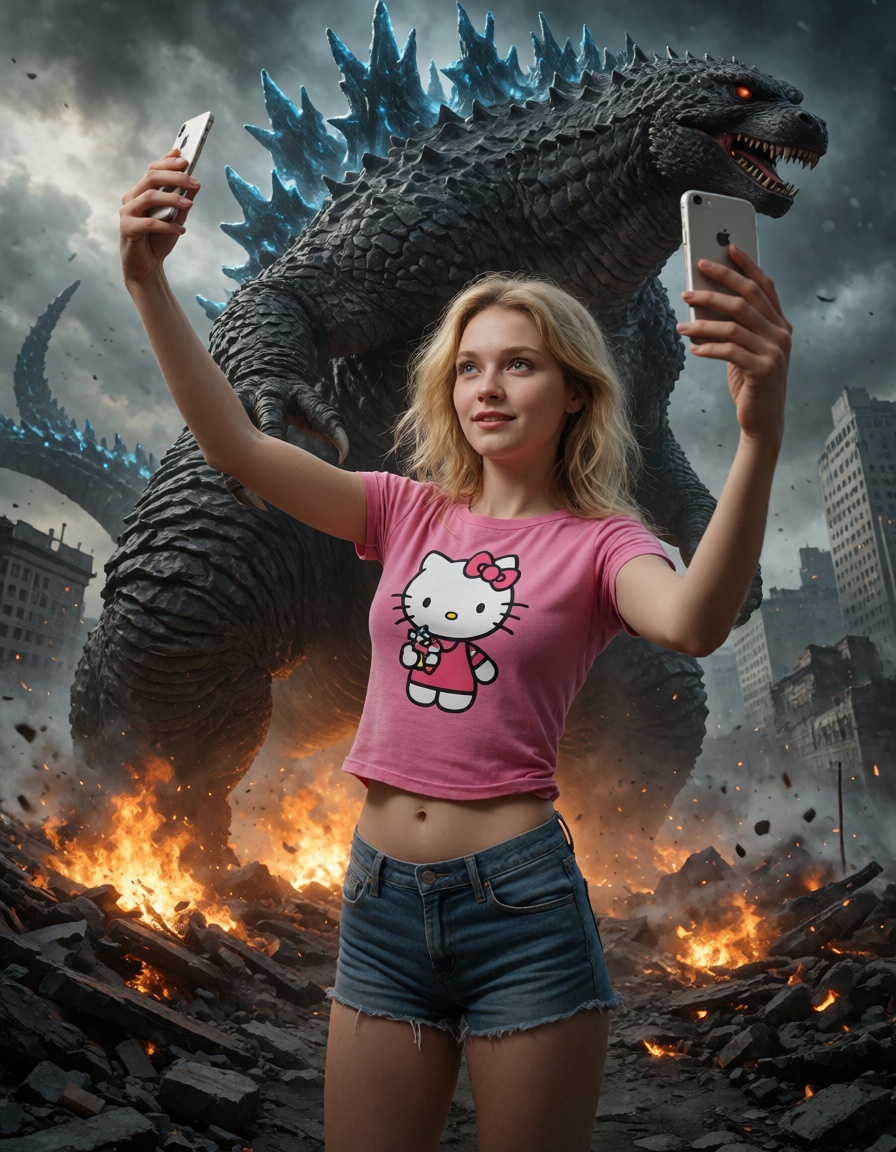a beautiful blonde girl smiling and taking a selfie with an iphone,  dressed with a hello kitty pink t-shirt, on Tensor.Art
