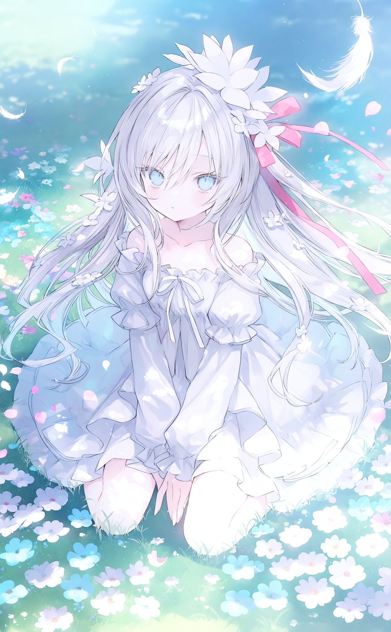 masterpiece,absurdres,best quality,loli,petite,high quality,chromatic_aberration,//,1girl, flower, dress, solo, long hair, hair ornament, hair flower, sitting, white dress, white hair, blue eyes, between legs, hand between legs, grass, long sleeves, bird, looking at viewer, field, blue flower, white flower, off shoulder, ribbon, outdoors, bare shoulders, hair ribbon, flower field, collarbone, petals, very long hair, on grass, off-shoulder dress, frills, layered sleeves, puffy sleeves, wariza, hair between eyes, pink ribbon, short over long sleeves, feathers, seiza, day, parted lips, full body, frilled dress//,<lora:guimao2025.10.24——【noob】hans:1>,