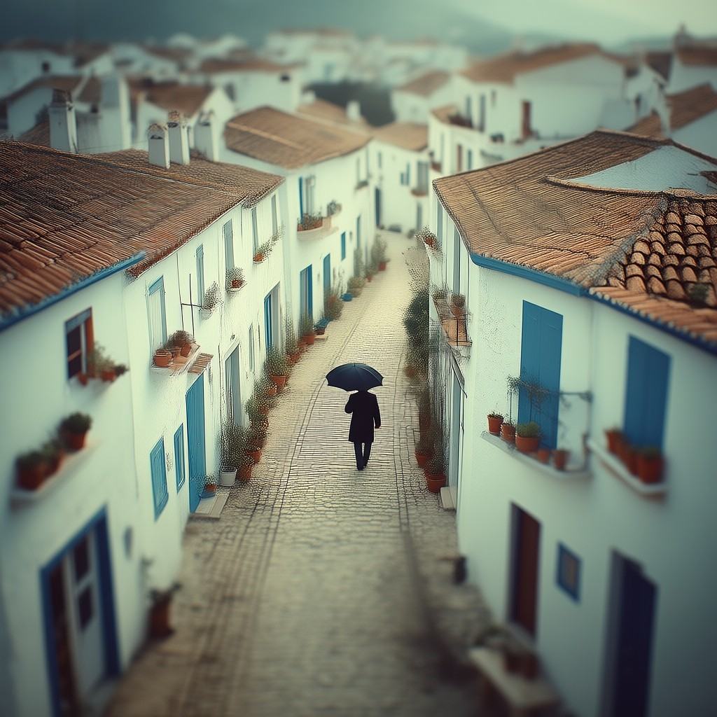 aerial view of a narrow street lined with whitewashed Mediterranean houses,  a solitary man in a dark coat holding a black...