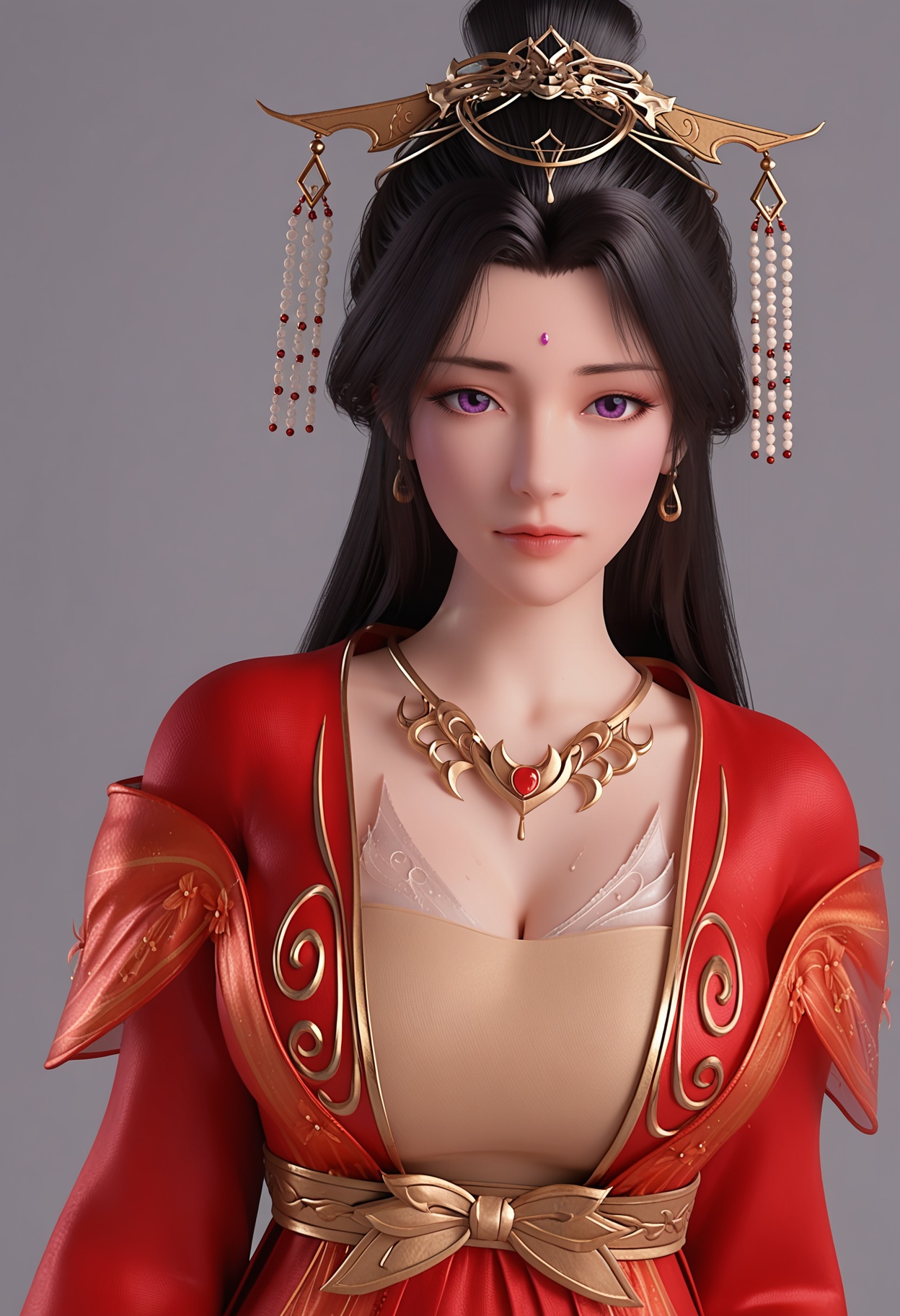 (score_9),(perfect_anatomy),perfect_face,Expressiveh,BREAKlooking at viewer,front view,cowboy shot, <lora:红月婵-apony:0.83>,yuechanm,1girl,solo,hair ornament,jewelry,long hair,forehead jewel,earrings,tiara,necklace,hair bun,black hair,purple eyes,red dress,shoulder ribbon,belt,collarbone,cleavage,BREAK<lora:e肤色滑块:0.35>,sweatdrop,real skin,ultra-detailed skin texture,detailed textures,<lora:皮肤凹痕:1.2>,BREAKsimple background,grey background,4K ultra HD,sharp focus,high detail,high contrast,<lora:e色温:0.25>,perfect_anatomy,BREAKscore_9,OverallDetail,perfect_anatomy,(large breasts:1.1),(mature female:1.3),fair_skin,(white_skin),(shiny_skin),(Ivory_skin),(sweaty_skin),very sweaty,(cinematic lighting),score_9,OverallDetail,perfect_anatomy,