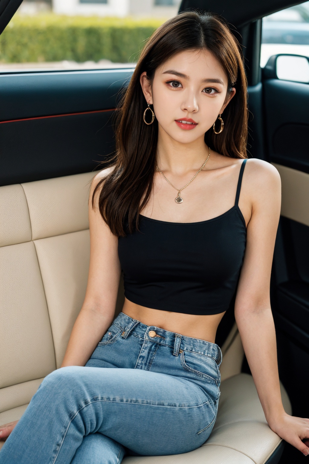 1girl, solo, car interior, jewelry, brown hair, looking at viewer, pants, necklace, realistic, denim, jeans, sitting, parted lips, long hair, camisole, car, brown eyes, blurry, blue pants, motor vehicle, breasts, lips, collarbone, blurry background, bare shoulders, crossed legs, crop top, small breasts, k-pop, photorealistic, **** top, blue camisole, sleeveless, shirt, red lips, earrings, black eyes, midriff, teeth, spaghetti strap, day, depth of field, feet out of frame, fur coat, nose