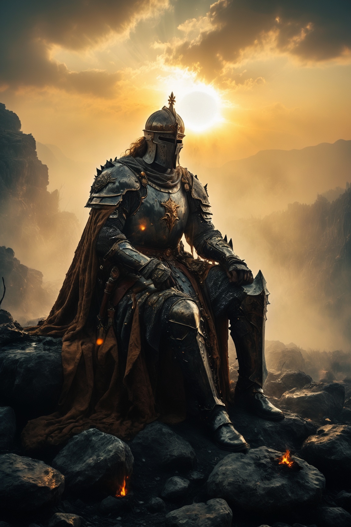 a valiant king in full armor sitting on a rock in the aftermath of a fierce battle,  there are a number of dead knights ar...