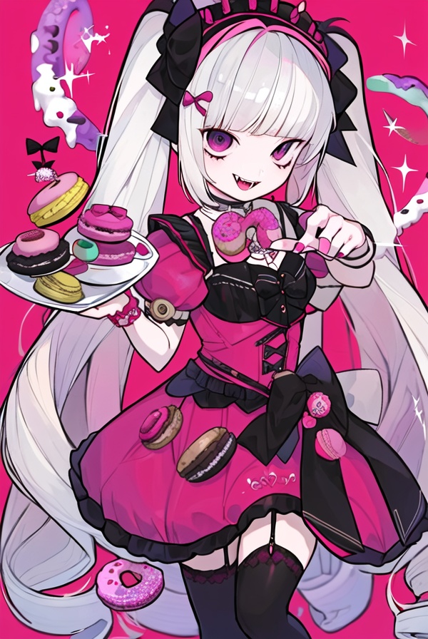 CH,high contrast,1girl,solo,long hair,looking at viewer,smile,open mouth,bangs,hair ornament,thighhighs,dress,bow,holding,twintails,purple eyes,white hair,short sleeves,hairband,food,puffy sleeves,black thighhighs,nail polish,puffy short sleeves,fangs,garter straps,drill hair,pink background,pink nails,doughnut,macaron,