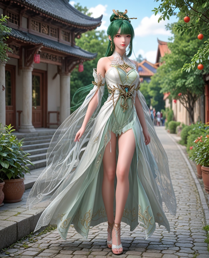 (oriental architecture, elegant decor, sophisticated style:1.1),bungee jump,(breasts:1.2),<lora:XL完美世界天人族姐妹花P2:0.9>,younger sister,white dress,bare shoulders,green hair,hair ornament,anklet,bangs,hair bun,, zPDXL2, score_9, score_8_up, score_7_up BREAK realistic, masterpiece,best quality, highly detailed,, zPDXL3, zPDXL2,zPDXL, zPDXLxxx, zPDXLrl,