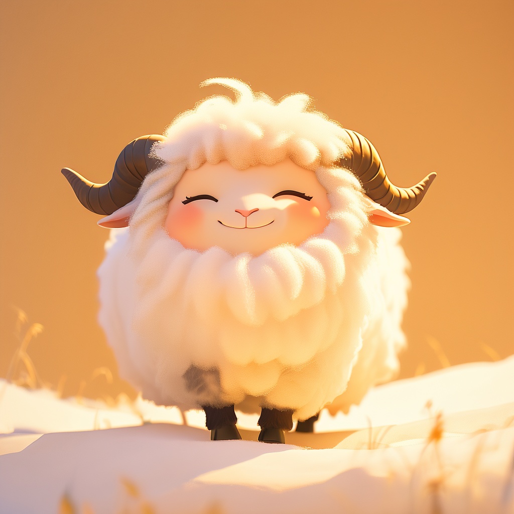 weiyang, sheep, fluffy, cute, mf-movie-filter, warm colors, white fur, whimsy and dramatic lighting, cc-color-correction, ^ ^, soft lighting, sheep horns, :3, sheep focus, sheep ears, no humans, closed eyes, solo, smile, horns, simple background, closed mouth, standing, facing viewer, orange theme, full body, brown background, outdoors, orange background,<lora:weiyang_v1:0.8>,