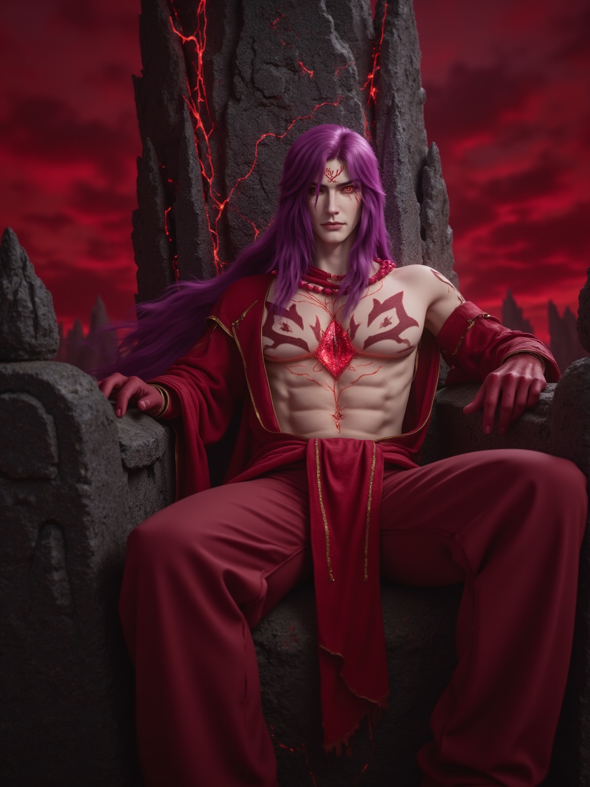 mmgtuosen,A man with long purple hair,red tattoos and red attire,red pants,outdoors,sitting on an ancient throne amidst fiery surroundings,