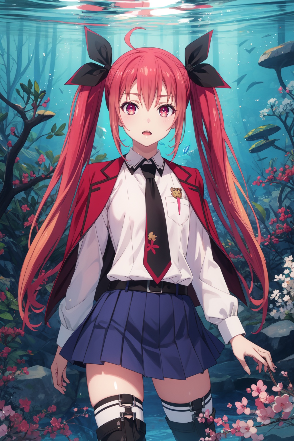 <lora:Kotori-000010:0.8>,Kotori cyql,1girl,looking at viewer,solo,twintails,red hair,ahoge,long hair,ribbon,hair ribbon,red eyes,school uniform,white shirt,jacket on shoulders,necktie,skirt,thighhighs,boots,thigh boots,Confused, Wide-open eyes, a slightly furrowed brow, and a slightly open mouth.,cowboy_shot,beautiful face,beautiful eyes,glossy skin,shiny skin,Coral, Reef, Fish, Seaweed, Colorful, Underwater, Diversity, Serenity,(Rose bushes, Spring blooms, Garden sanctuary, Fragrant air, English countryside, Springtime charm:0.6),beautiful detailed sky,beautiful detailed glow,posing in front of a colorful and dynamic background,masterpiece,best quality,beautiful and aesthetic,contrapposto,female focus,wallpaper,fashion,