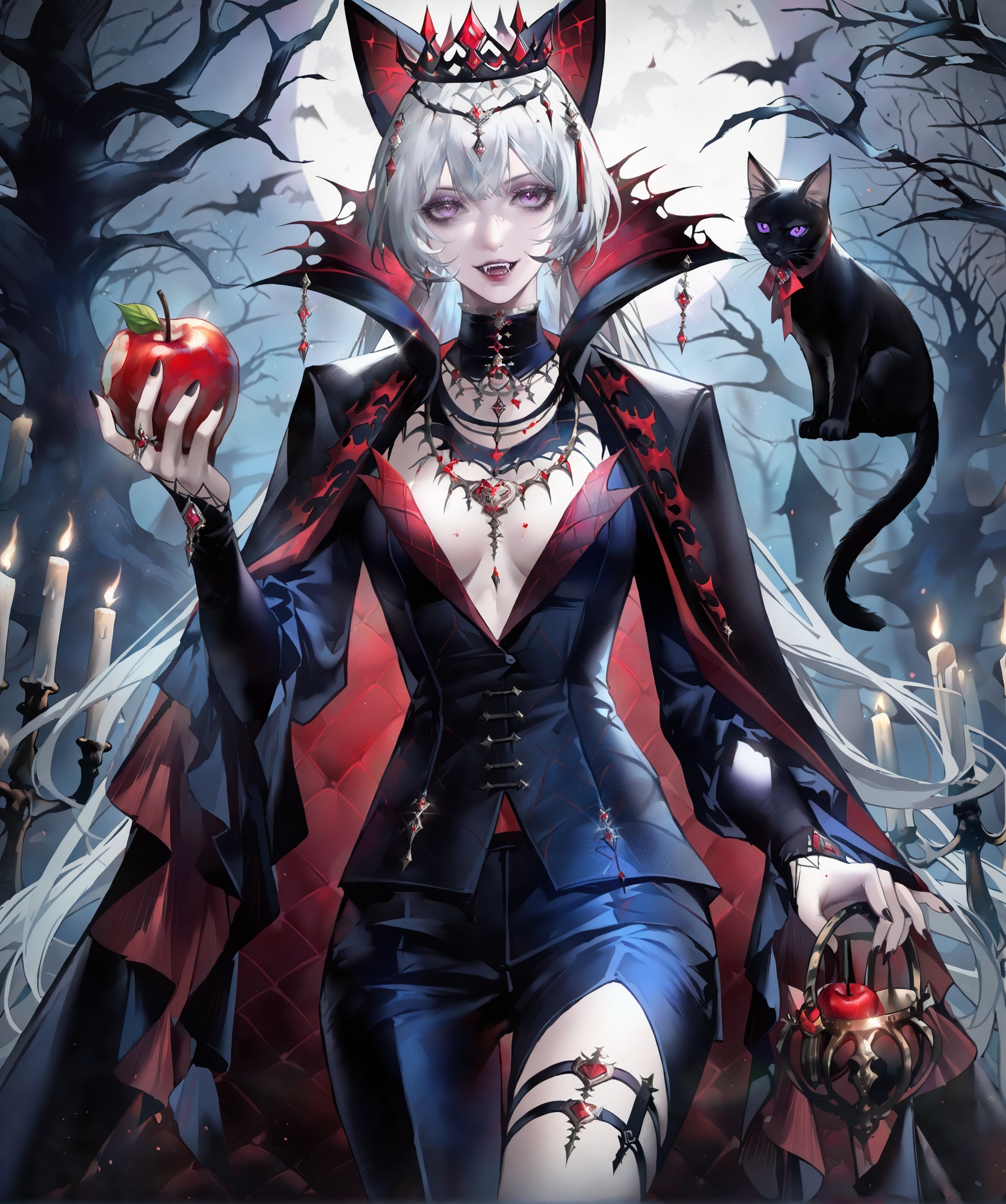 masterpiece,best quality,<lora:wqmt-gnoob-Tanger:1>,Path to Nowhere  \(video game\),game CG,1girl, cat, candle, bat (animal), holding, black cat, bare tree, tree, cape, pants, crown, long hair, vampire, solo, black cape, jewelry, looking at viewer, white hair, animal, fruit, apple, purple eyes, food, thigh strap, fingernails, holding fruit, night, bangs, halloween, outdoors, long sleeves, fangs, makeup, necklace, high collar, candlestand, holding food, cowboy shot, nail polish