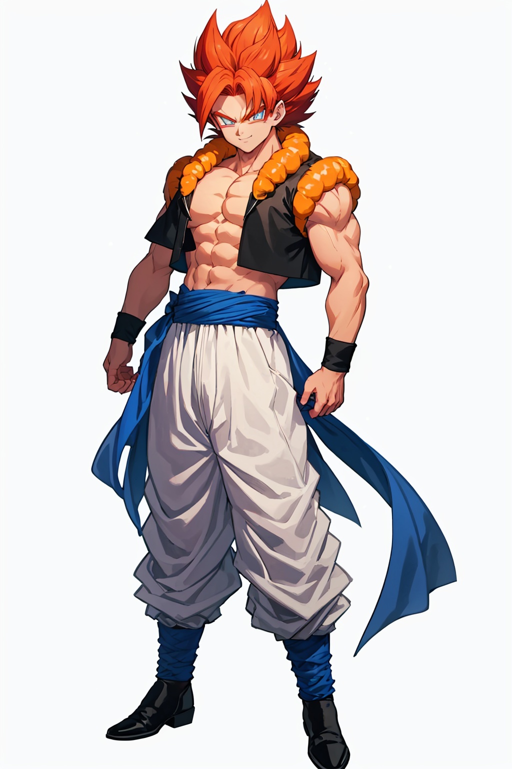 masterpiece,best quality, highly detailed, 1boy,blue sash,gogeta,male focus,solo,abs,closed mouth,looking at viewer,pectorals,white pants,super saiyan,wristband,standing,simple background,smile,white background,full body,vest,<lora:gogeta:1>