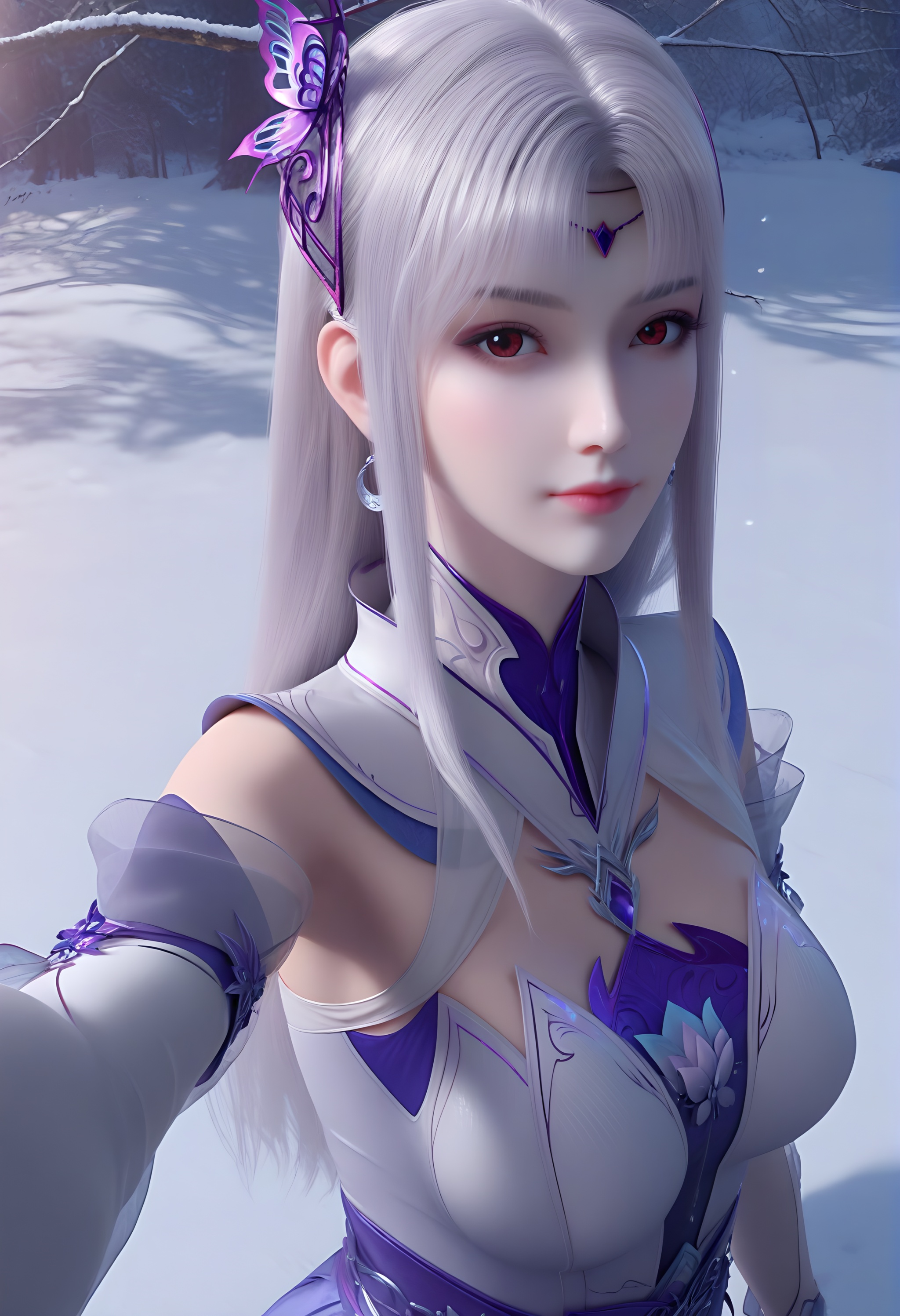 (score_9),<lora:小医仙白-apony:0.83>,xiaoyixian,solo,1girl,hair ornament,long hair,silver hair,headpiece,butterfly hair ornament,crescent earrings,detached collar,chest jewel,dress,detached sleeves,jewelry,<lora:Expressive_H-000001:0.8>,light blush,looking at viewer,front view,red eyes,dutch angle,dynamic_angle,from above,selfie,v sign,closed mouth,(mature_female:1.2),collarbone,pointy breasts,puffy breasts,(large teardrop breasts),<lora:e肤色滑块:0.5>,fair_skin,(pale_skin),(white_skin),<lora:e色温:0.35>,light skin,ultra-detailed skin texture,detailed textures,<lora:皮肤凹痕:1.2>,BREAKsimple background,in snow,Tyndall effect,available light,depth of field,tree,snowflakes,branch,twig,4K ultra HD,sharp focus,high detail,natural lighting,high contrast,