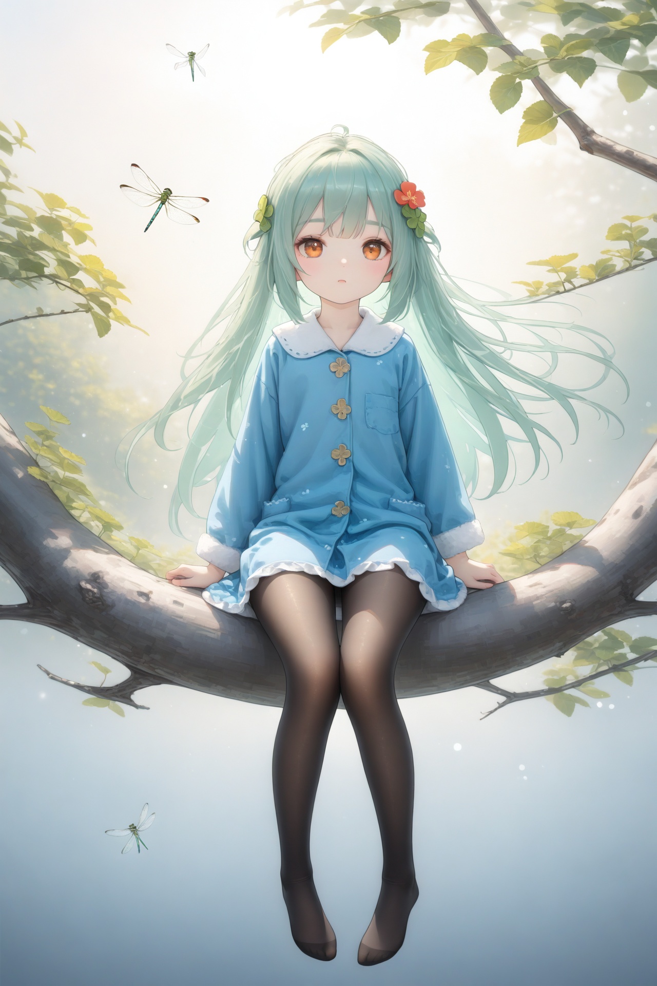 (masterpiece),(best quality),illustration,ultra detailed,hdr,Depth of field,(colorful),loli,1girl,mint hair,orange eyes,clover hair ornament,long hair,disheveled hair,messy hair,plum blossoms,blue pajamas,branch,dragonfly,full body,mismatched legwear,white legwear,black legwear,pantyhose,xinniang,backlight,black pantyhose,white pantyhose,vibrantProj,