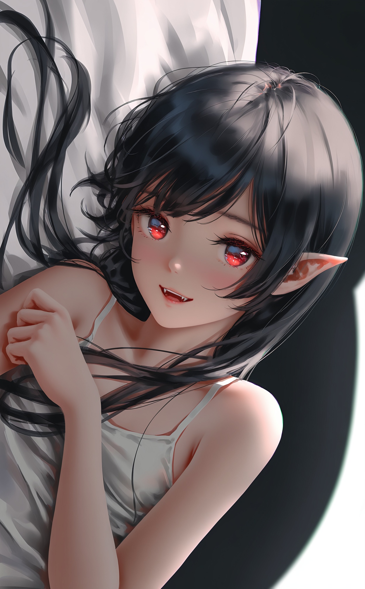 masterpiece,very aware,highres,absurdres,newest,best quality,loli,petite,high quality,chromatic_aberration,chromatic_aberration,cinematic_angle,dutch angle,//,1girl,solo,black hair,looking at viewer,smile,pointy ears,long hair,lying,red eyes,blush,bare shoulders,on side,fangs,upper body,sleeveless,bed sheet,white background,//,[[[Artist wlop]]],[[Artist chen bin]],[[Artist hiten (hitenkei)]],//,<lora:MMD3——【noob】hans:0.6>,